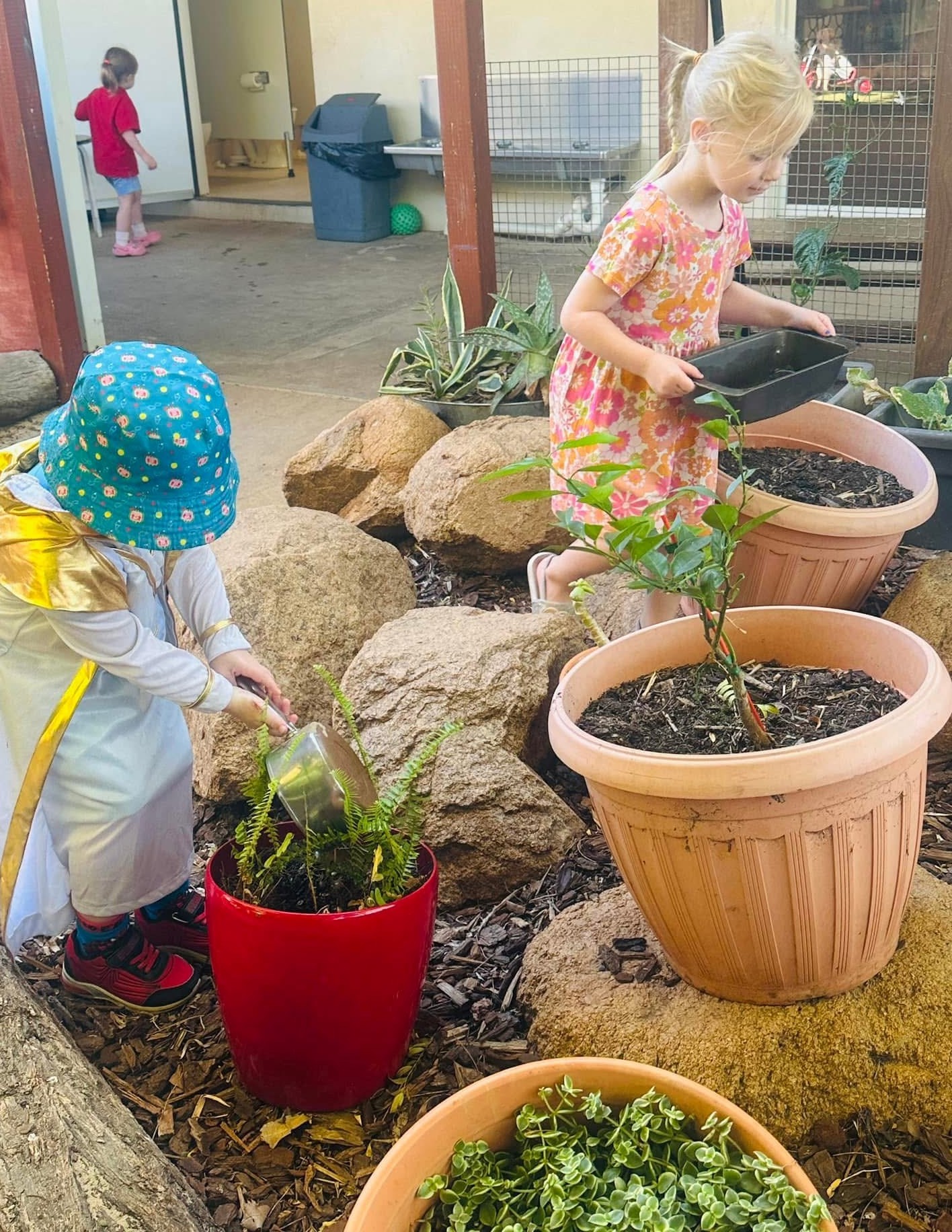 Children caring for plants in the centre garden